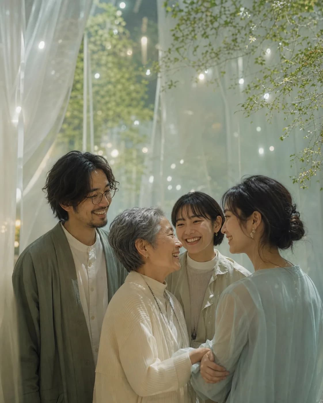 Friends across generations smiling in a softly lit future space